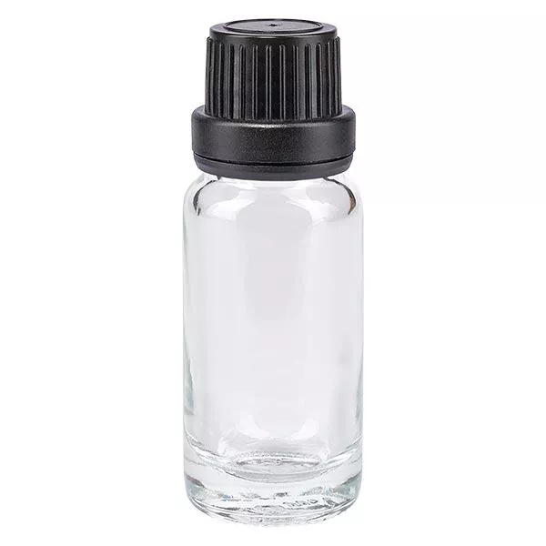 Helder glazen flessen 10ml met zwart schroefsluiting dicht. VR Helder glazen flessen 10ml met zwart schroefsluiting dicht. VR