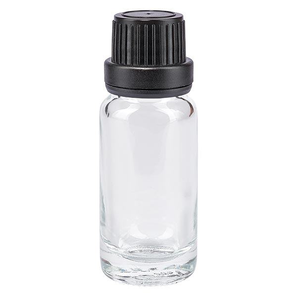 Helder glazen flessen 10ml met zwart schroefsluiting dicht. VR Helder glazen flessen 10ml met zwart schroefsluiting dicht. VR