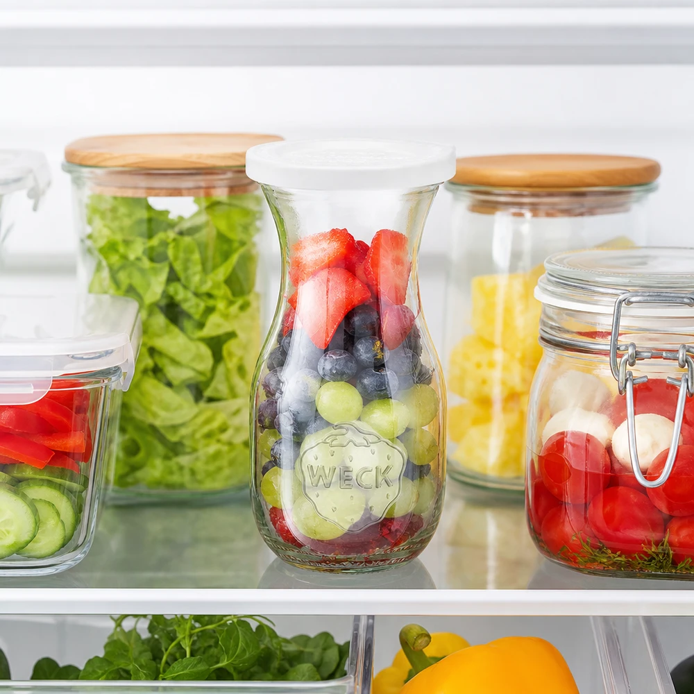 Sapfles van 290 ml met vershouddeksel WECK RR60 WECK 290ml sapfles met vers deksel in de koelkast gevuld met bessen naast potjes met salade voor maaltijdbereiding