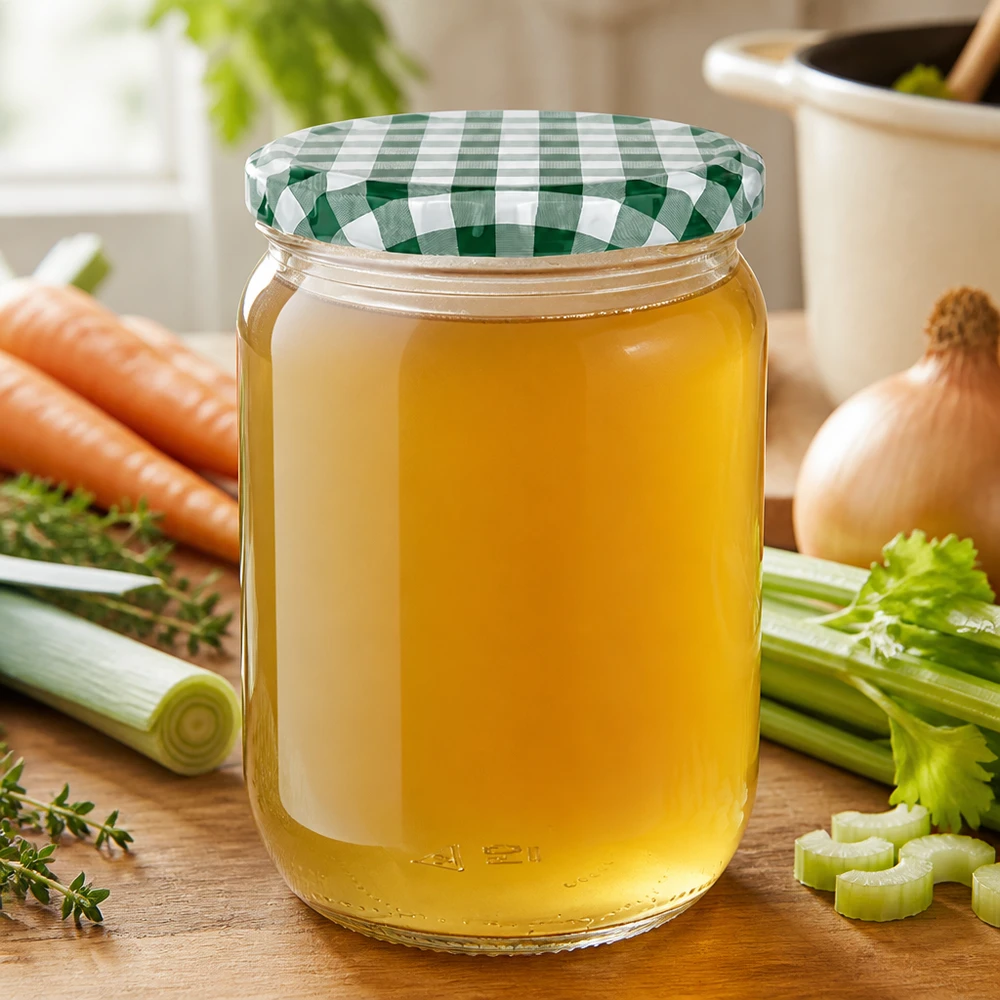 555 ml rond glas + BasicSeal-deksel groen/wit UNiTWIST 555 ml ronde glazen pot UNiTWIST met groen-witte BasicSeal-deksel, ideaal voor het inmaken van bouillon