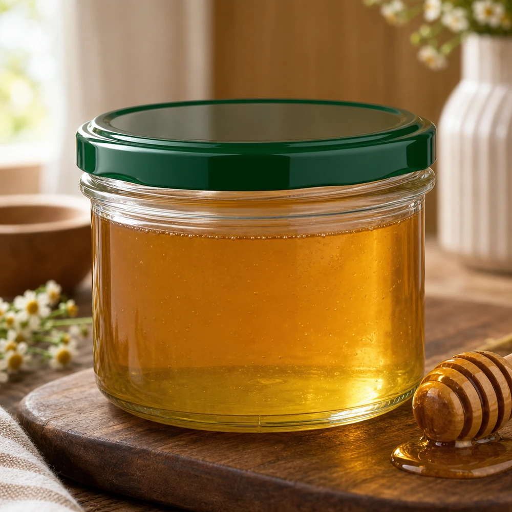 225ml bekers met BasicSeal deksel groen UNiTWIST 225ml pot BasicSeal groene deksel gevuld met honing naast honinglepel op houten plank natuurlijke keuken decoratie