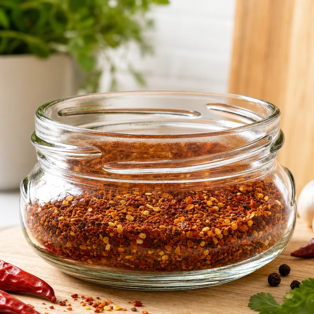 120ml terrine zonder deksel (TO70) UNiTWIST UNiTWIST Terrina120 terrine pot 120ml TO70 met chilikruidenmix op houten plank in keuken