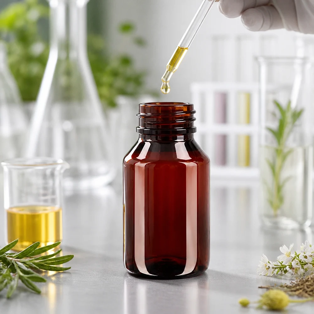 50 ml PET medicijnfles met verstuiver zwart GCMI 28/410 incl. dop transparant, standaard Braune PET Enghalsflasche 50ml mit manipulationssicherem Schraubverschluss für Flüssigstoffe