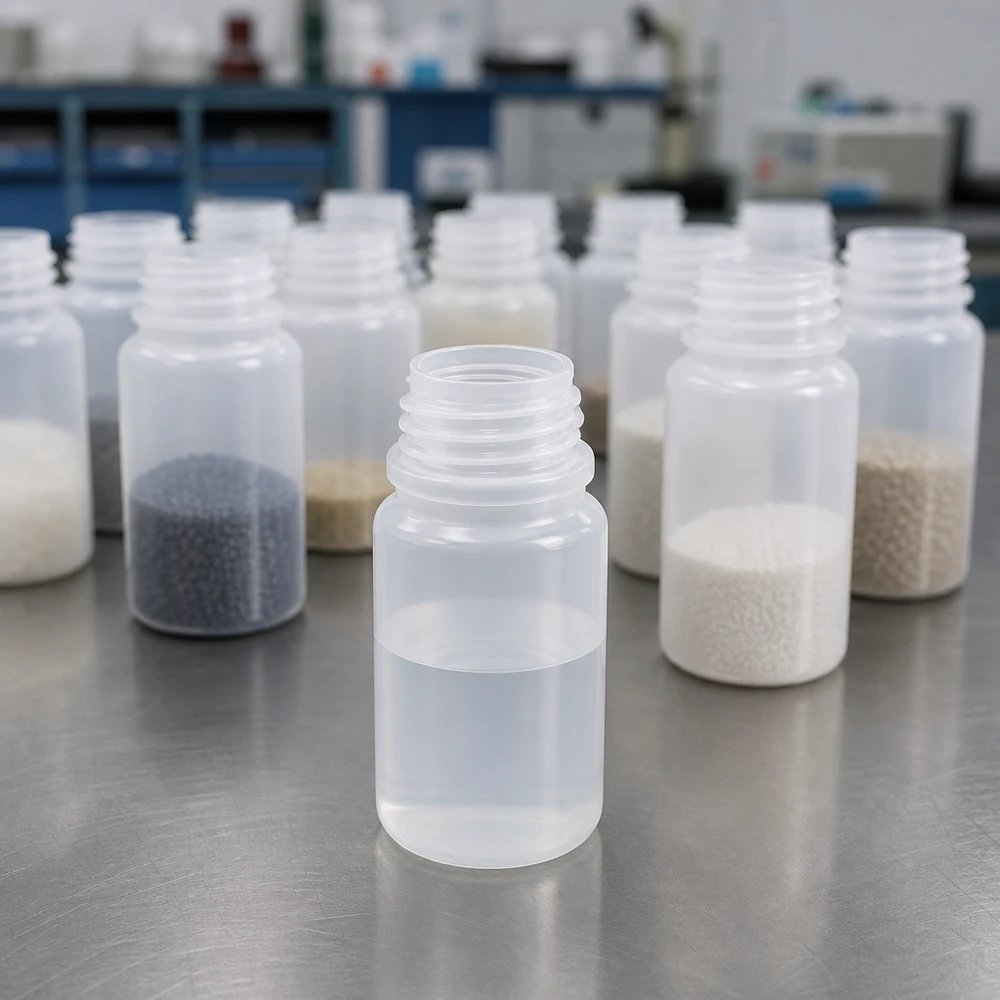 Vergelijking van open laboratoriumflessen van 50 ml met brede hals, gevuld met verschillende stortgoederen en vaste-stofmonsters