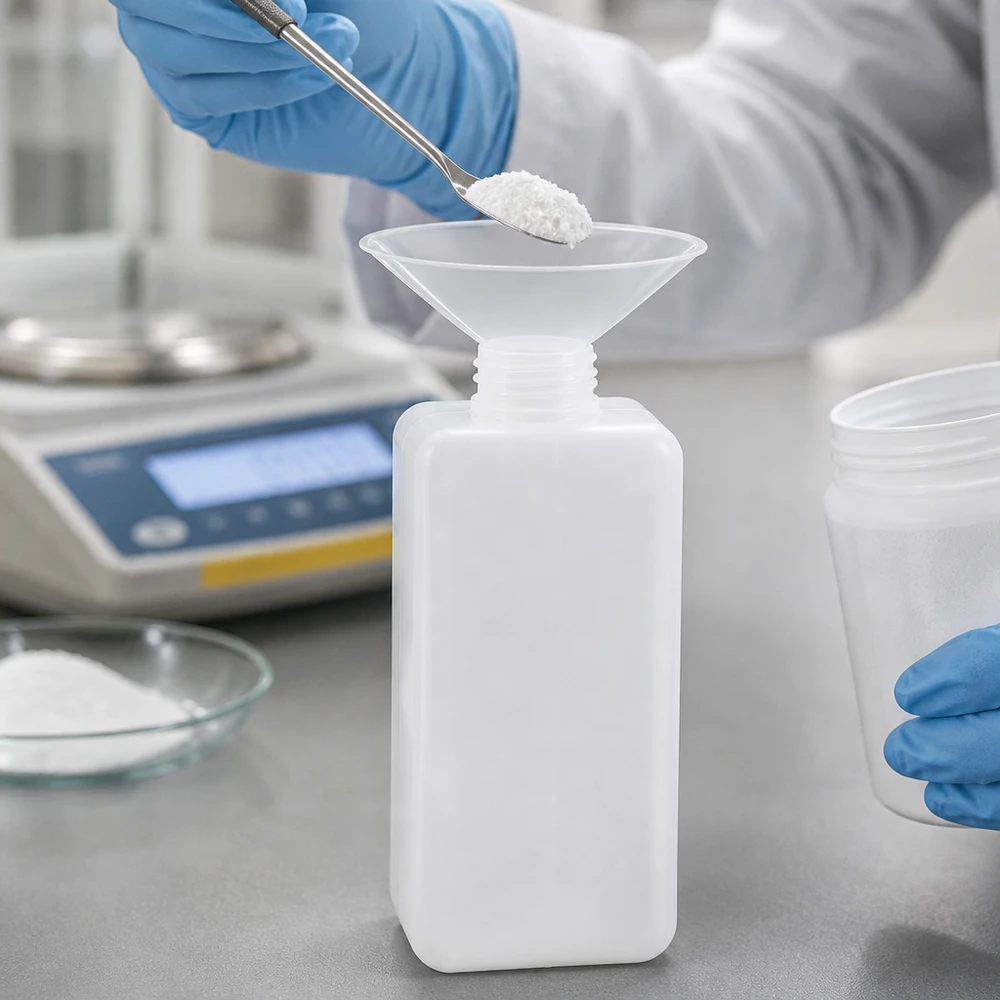 Vierkante witte chemische fles van 1000 ml, PE-HD, smalle hals, GL 32, met blauwe gehandschoende handen