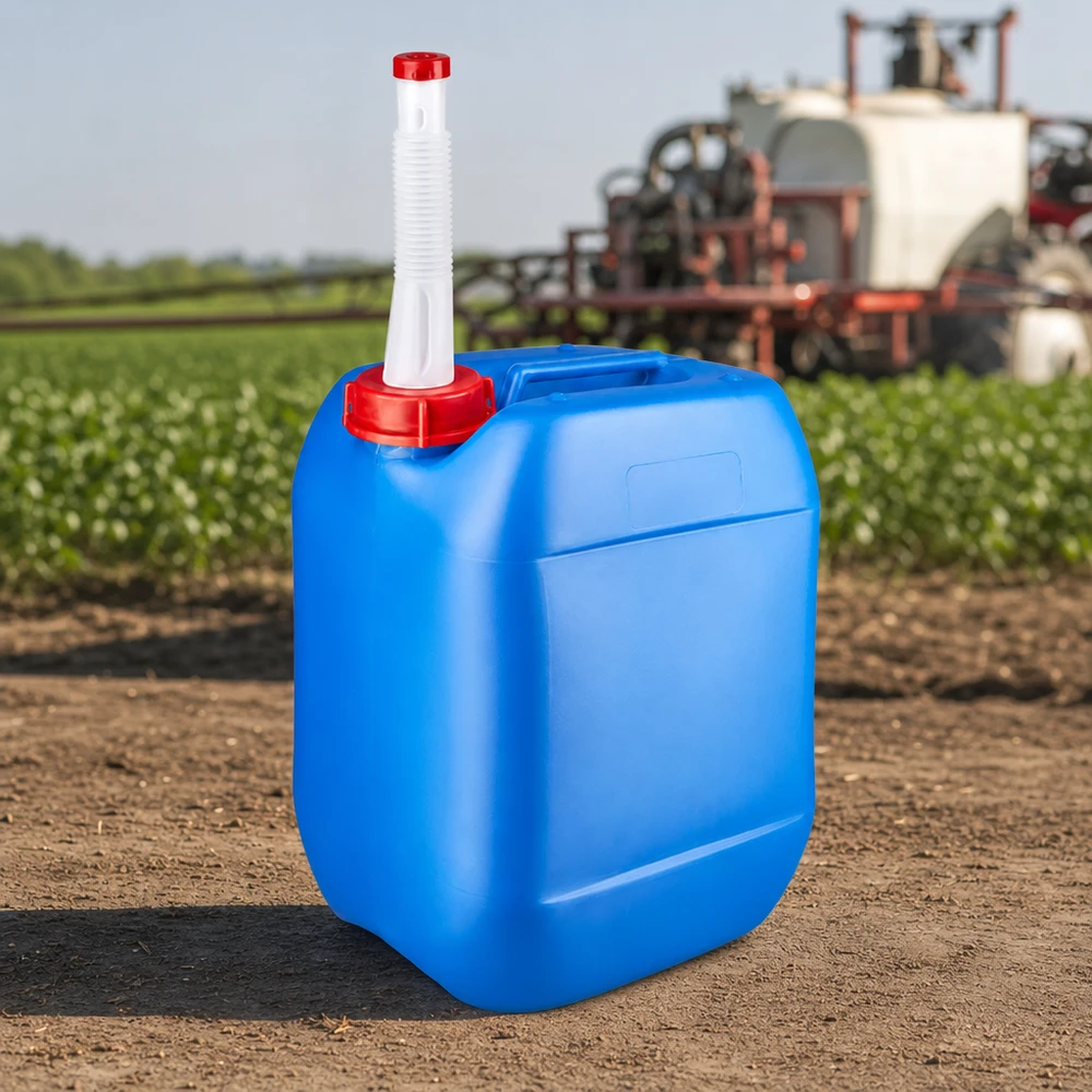 Draagbare vloeistofcontainer van 10 liter, blauw, met flexibele slang voor gewasbeschermingsmiddelen bij gebruik in het veld