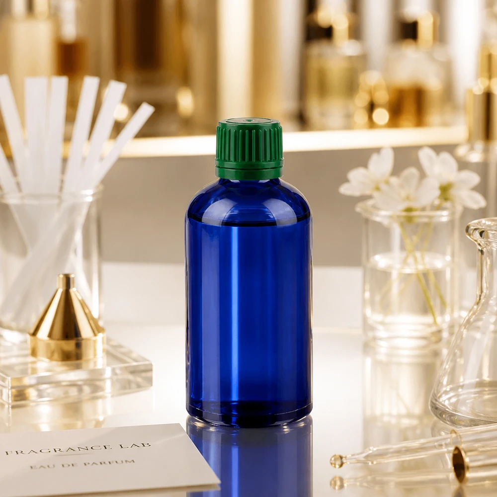 100ml fles 11mm SV groen OV BlueLine UT18/100 Elegante 100ml kobaltblauwe glazen fles met contrasterend groen deksel voor cosmetische producten