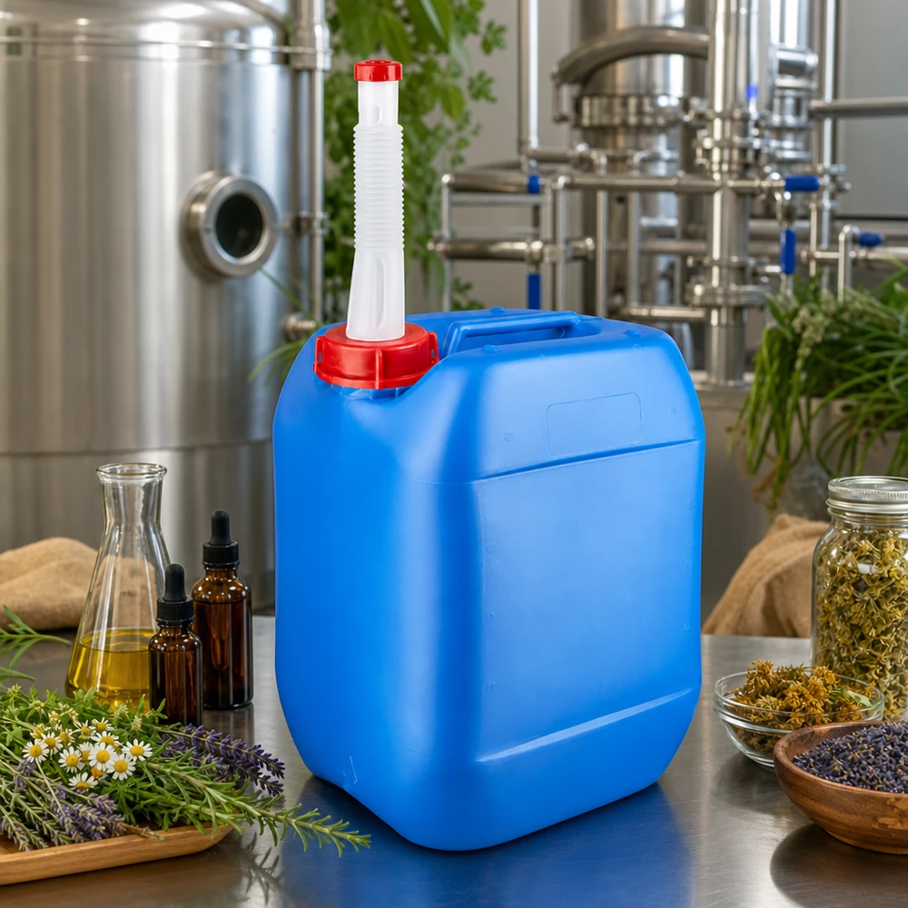 Afgesloten voorraadvat van 10 liter, blauw, met flexibele vulbuis voor oliën en vloeistoffen in de productie