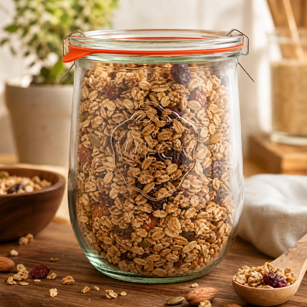 1062ml tulpenglas compleet WECK RR100 WECK 1062ml tulpenpot RR100 gevuld met muesli en noten als voorraadpot in de keuken met klapdeksel