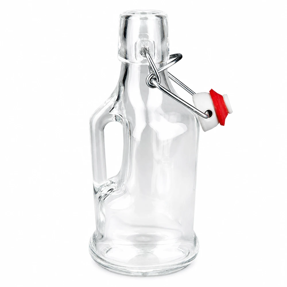 Glazen fles Bertha 200ml met rode verzegelring op de scharnierende top, transparant glas, zijhandvat