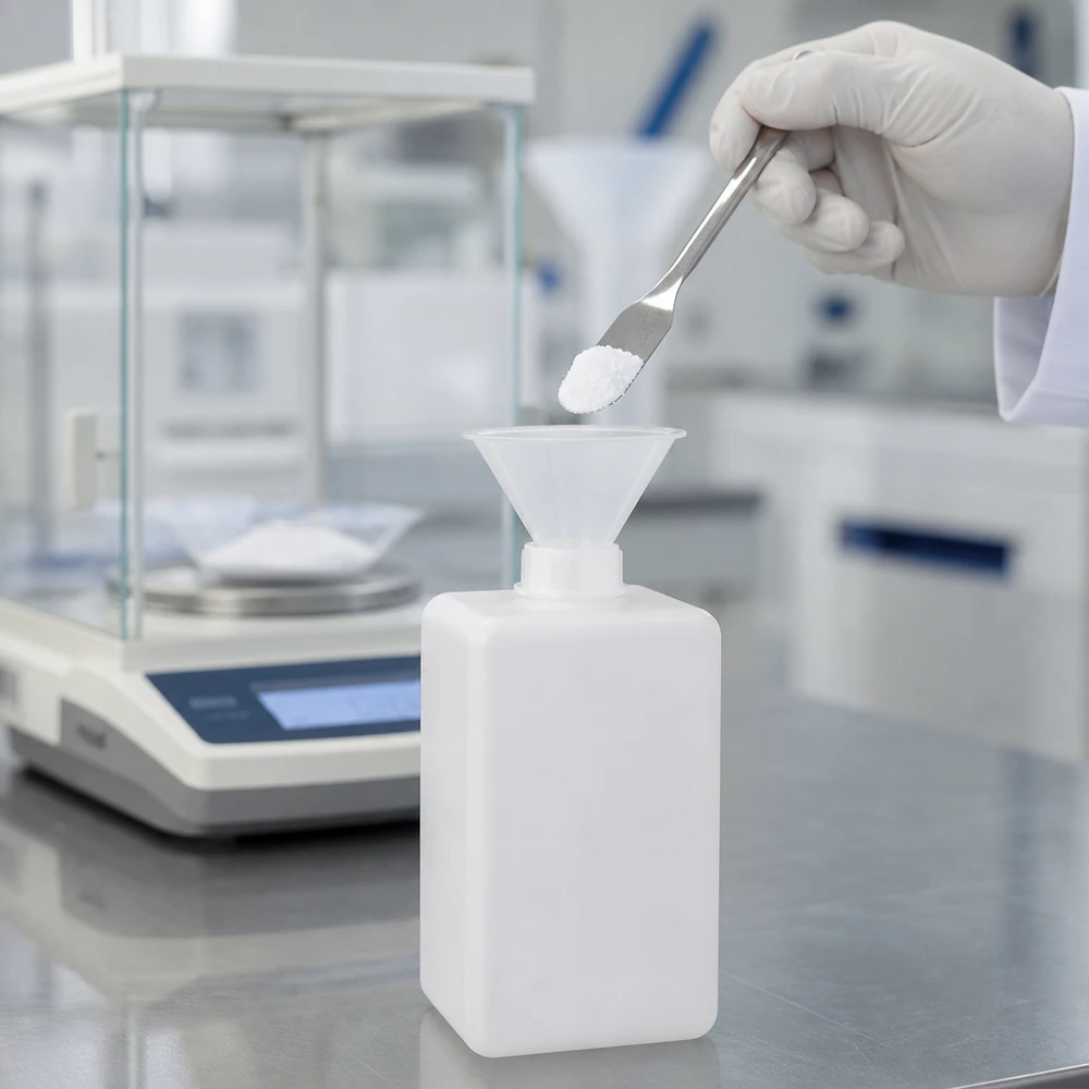 Chemicaliënfles 1500 ml, nauwe hals, incl. sluiting GL 32 Afvullen van vaste stoffen in een robuuste PE-HD-fles voor chemicaliën van 1500 ml, met smalle hals, in natuurlijke kleur, inclusief analyseweegschaal