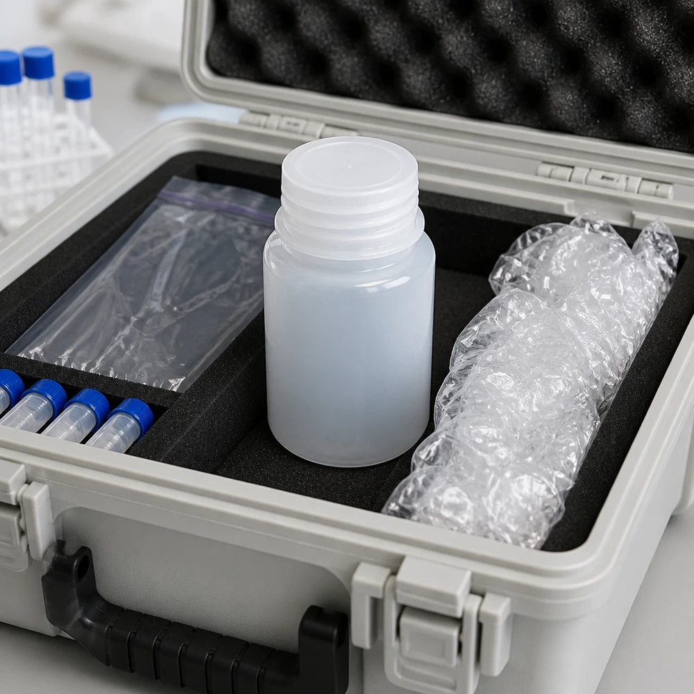 50 ml-fles met brede hals, open, in een proefkoffer met schuimrubberen voering en cryobuisjes