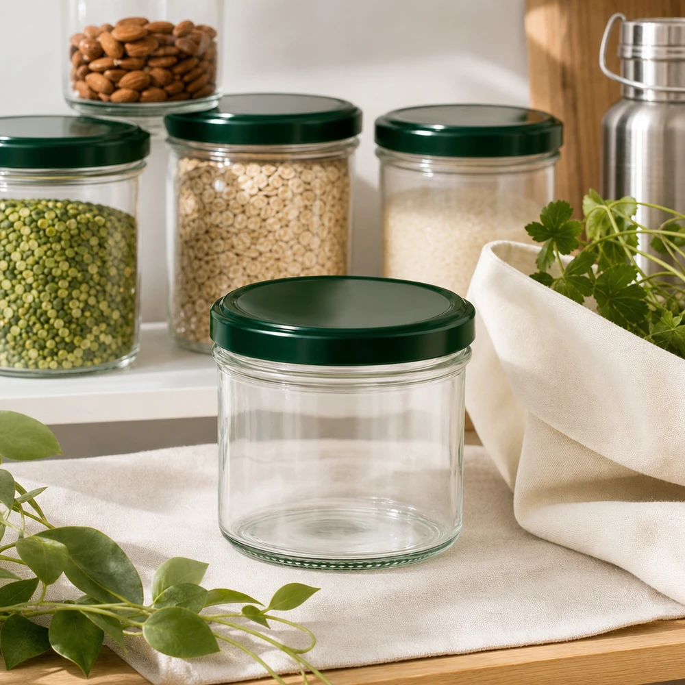 230ml cilindrische pot met BasicSeal deksel groen UNiTWIST 230 ml cilindrische pot met groen deksel voor duurzame opslag van peulvruchten en granen