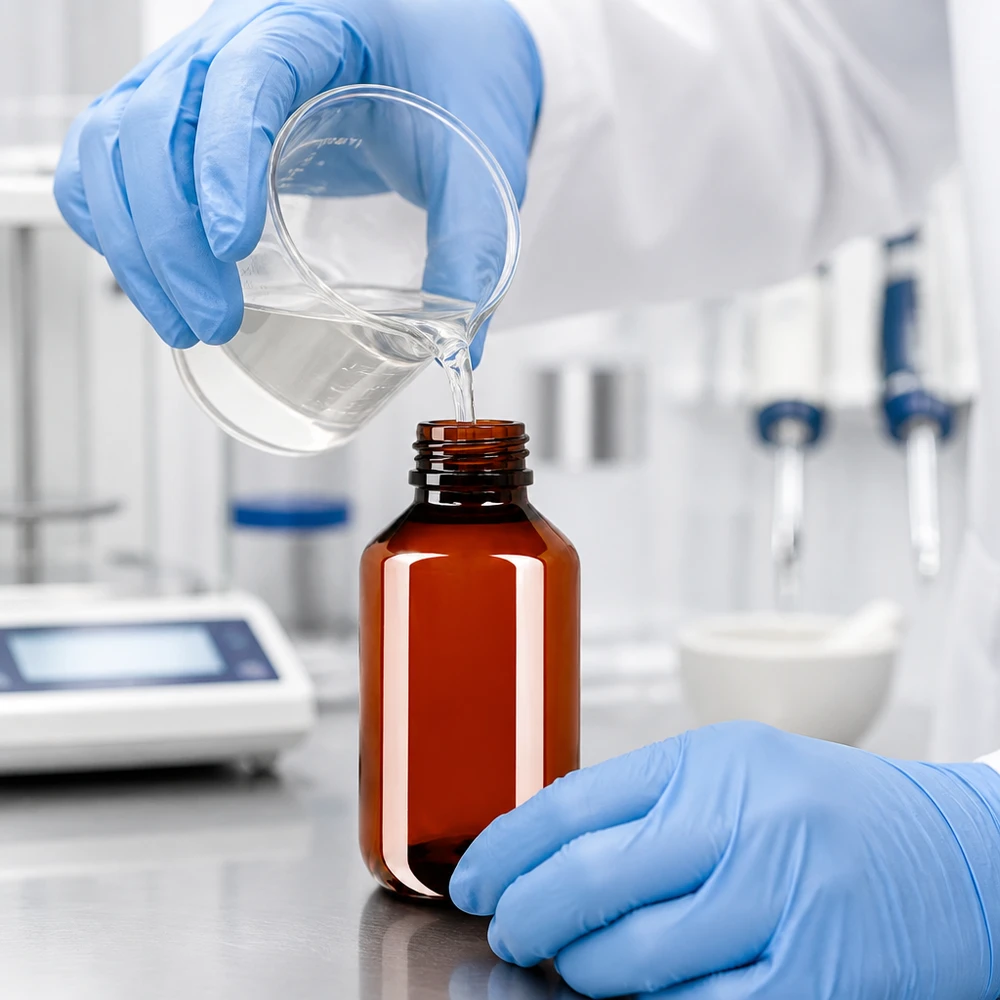 PET fles 100ml met ontgassingsdop rood Beschermende handschoenen houden een bruine PET-fles van 100 ml vast tijdens het vullen met de zuivere stof