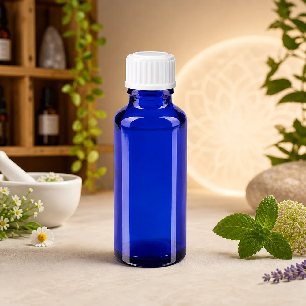Blauwe glazen flessen 30ml met wit schroefsluiting globuli uitgietring St Klein blauw medicijnflesje van 30 ml, gemaakt van apothekersglas, met een kindveilige witte sluiting