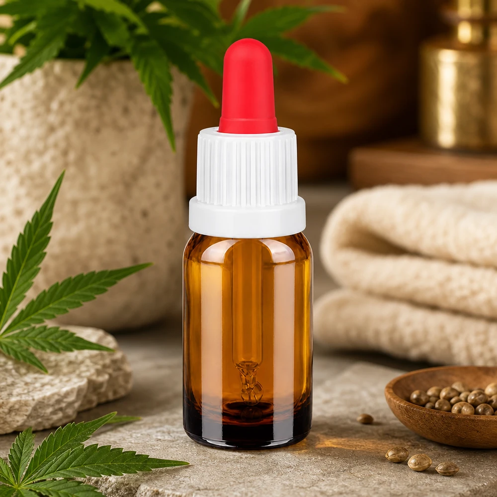 Klein 10ml pipetflesje in bruin met rode siliconen kop voor het druppelsgewijs doseren van cosmetica