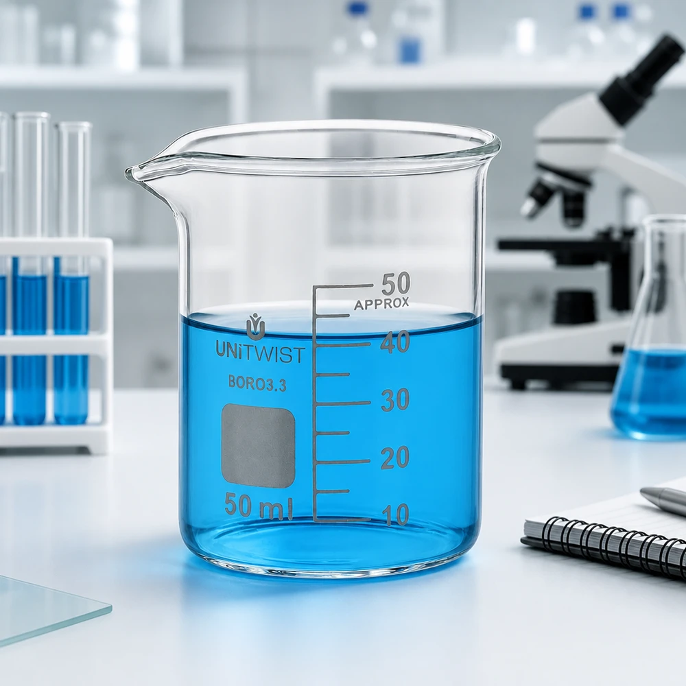 Beker 50ml borosilicaat, lage vorm UNiTWIST Chemielaboratorium bekerglas 50 ml UNiTWIST, laag model met gelijkmatige wanddikte en schaalverdeling