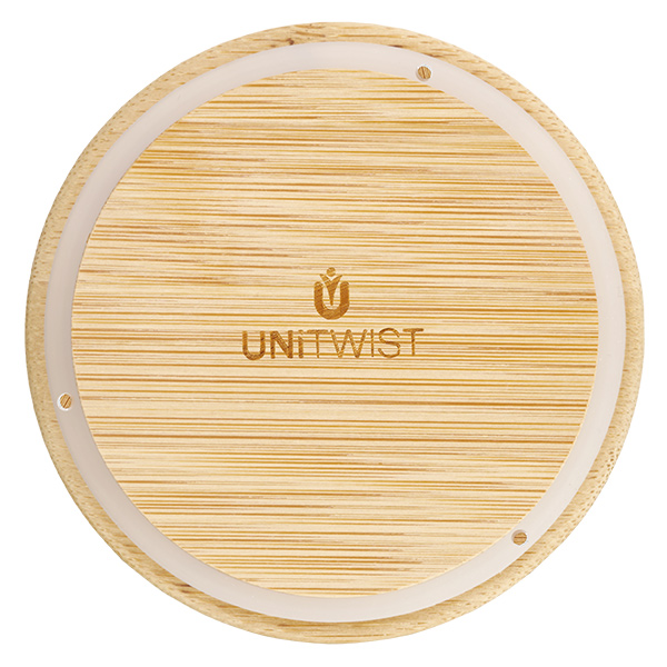 1500ml stortglas WECK RR100 met hout deksel UNITWIСT houten deksel voor WECK RR100 van boven met zichtbaar logo en houtnerf op witte achtergrond