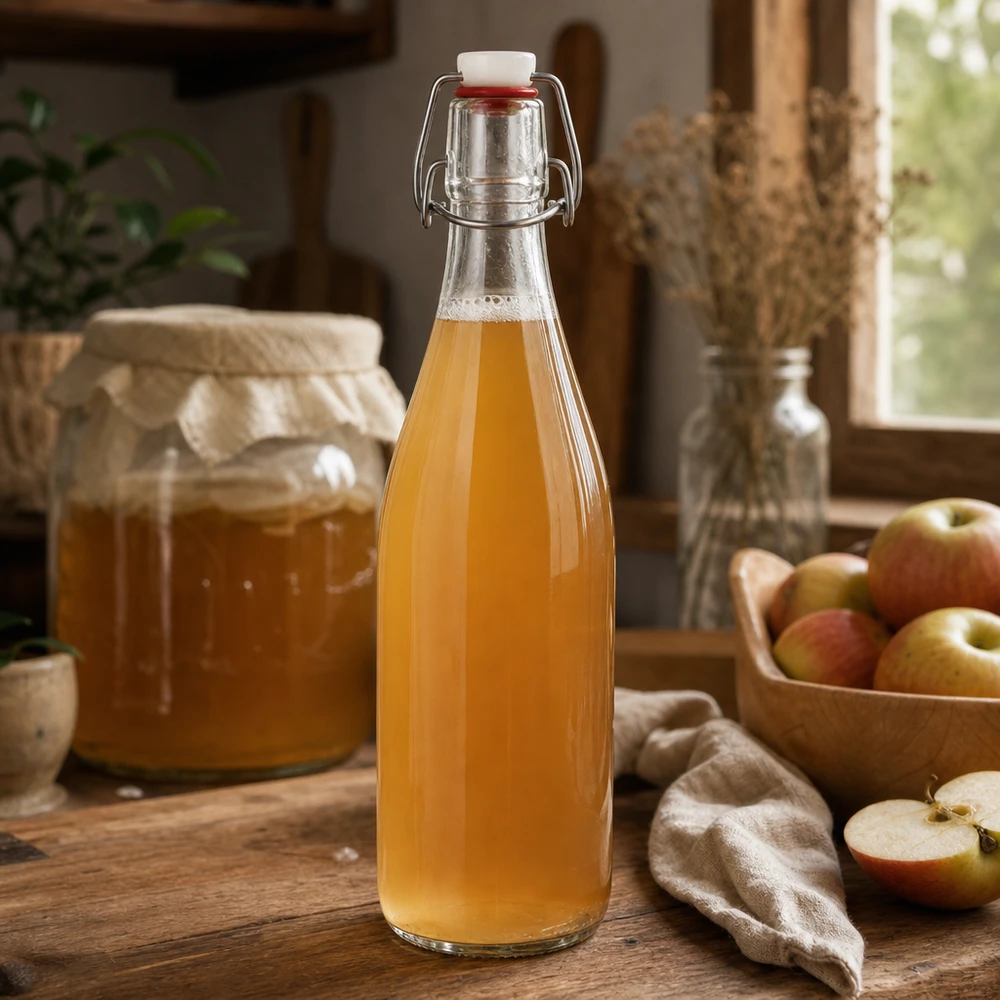 500ml glazen fles met draaidop gevuld met appelsap rustiek keuken fruitdrank zelfgemaakt natuurlijk