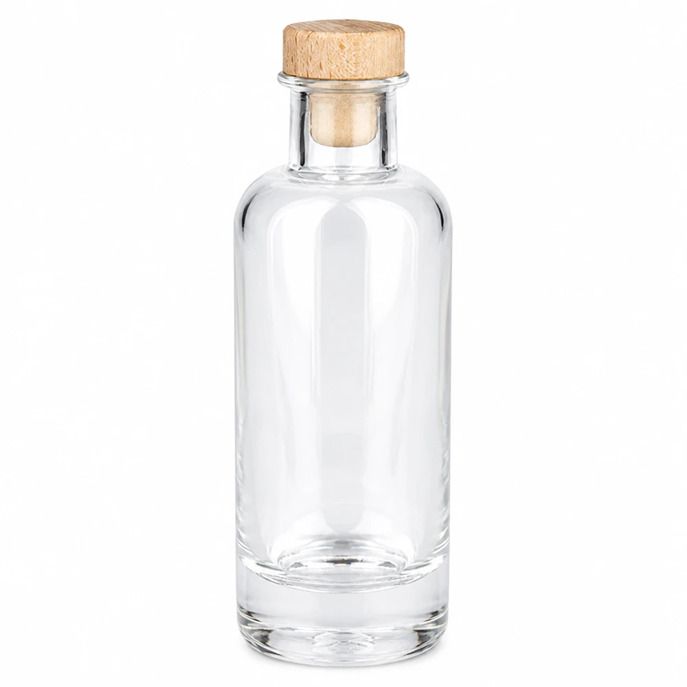 200ml glazen fles Ella met houten kurk transparant leeg Productfoto tegen een witte achtergrond
