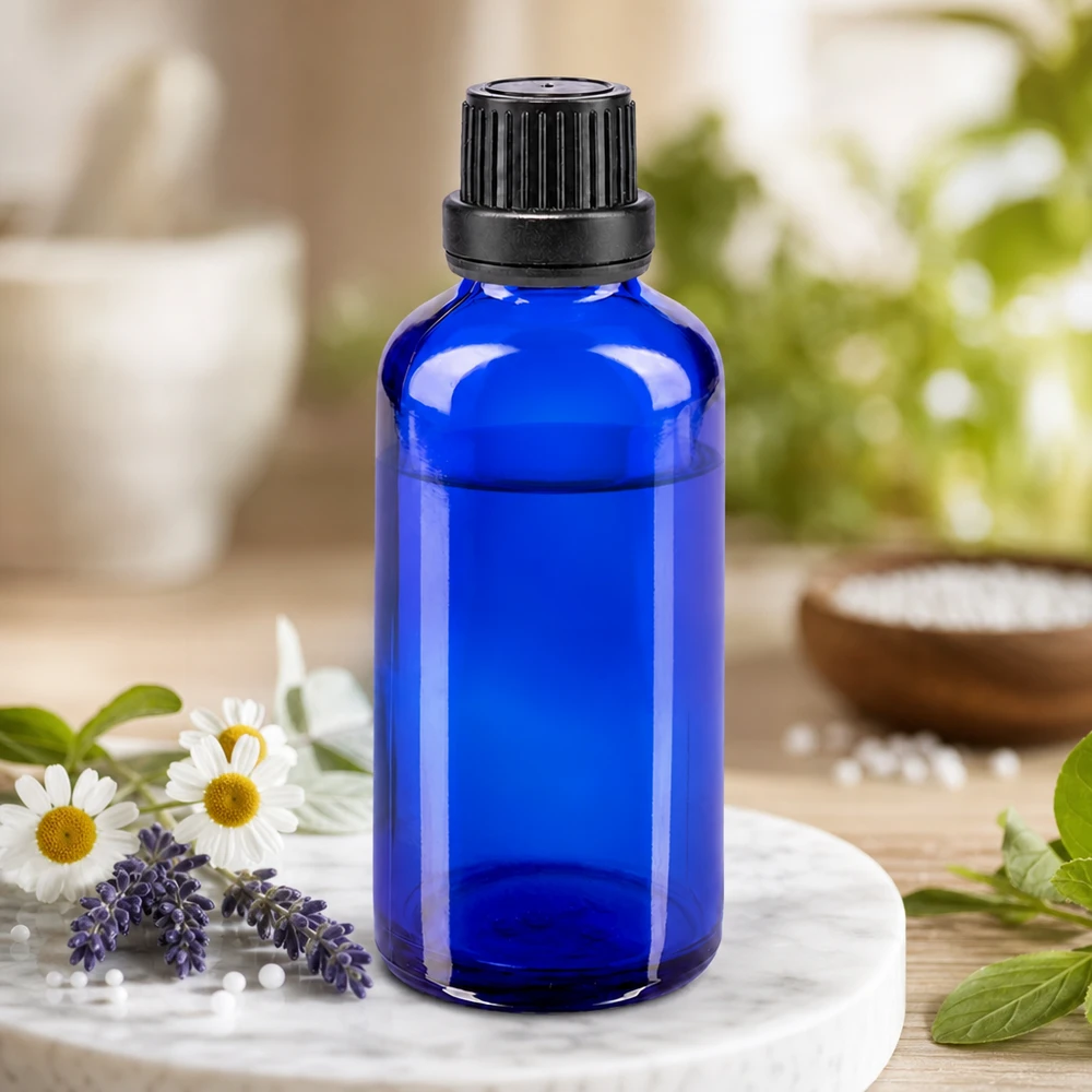 Cilindrische blauwe apothekersfles van 50 ml met zwarte originele sluiting van 11 mm voor etherische oliën