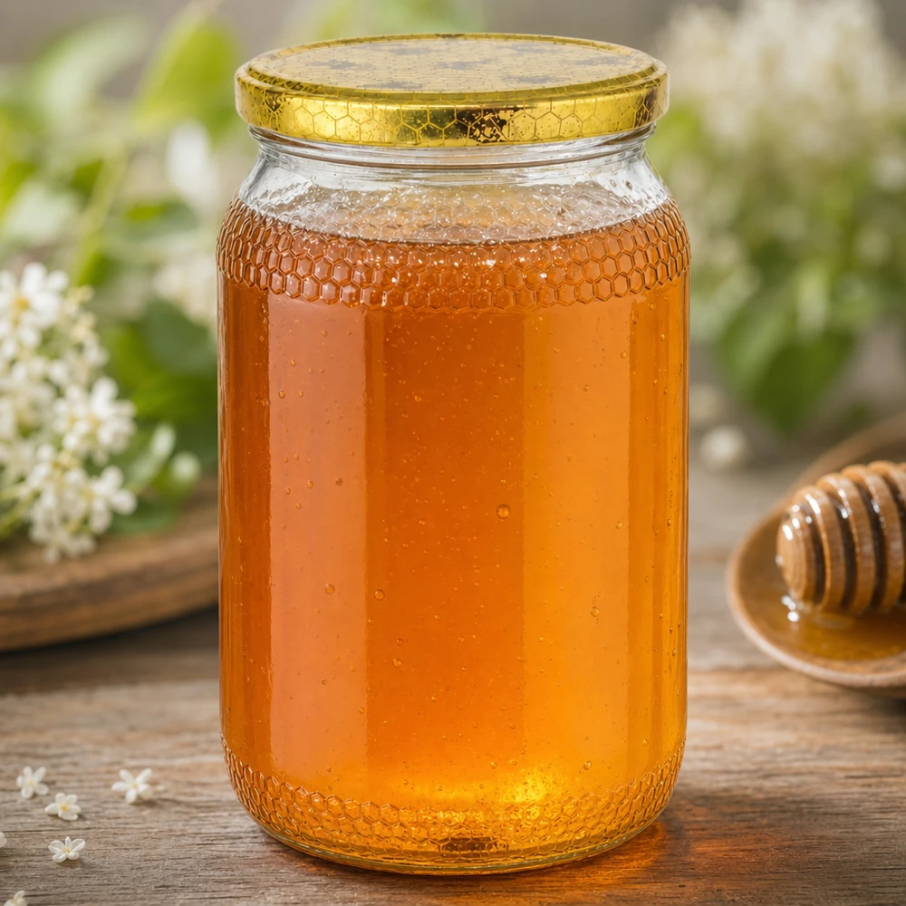 900ml honingpot gevuld met honing gouden honingraat deksel houten achtergrond honing dipper bijenteelt natuurlijk product