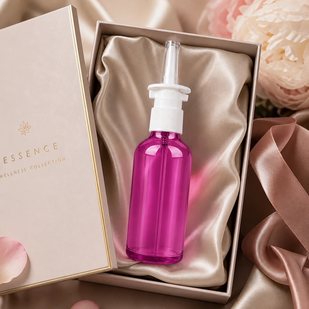 50ml paarse neussprayfles met robuust pompsysteem en kindveilige dop