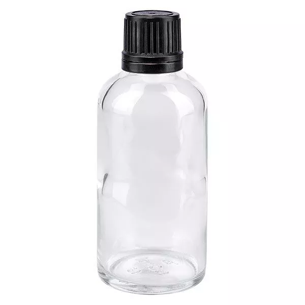 Helder glazen flessen 50ml met zwart schroefsluiting uitgietring VR Helder glazen flessen 50ml met zwart schroefsluiting uitgietring VR