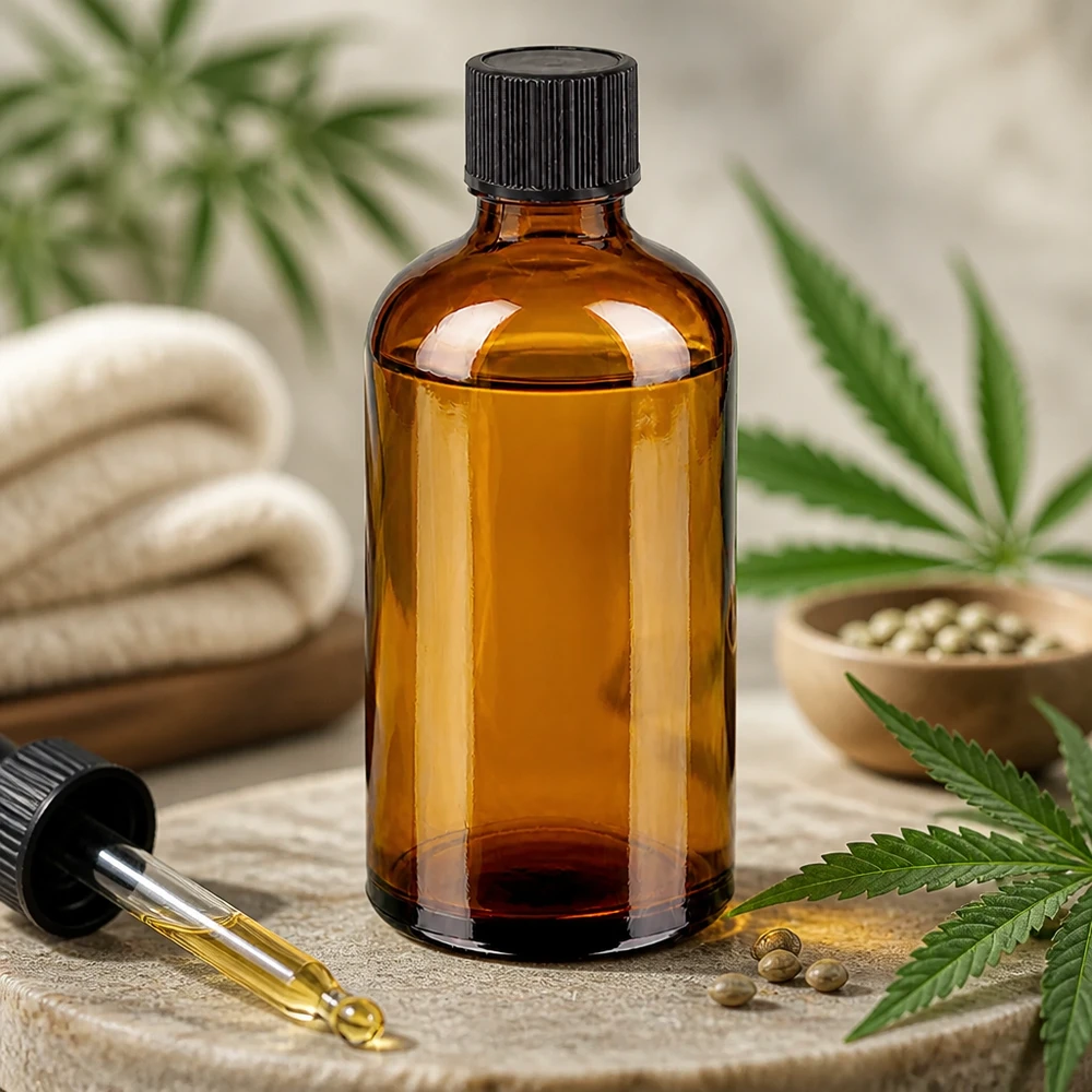 100 ml druppelflacon van UV-beschermend amberkleurig glas met ergonomische zwarte druppelaar