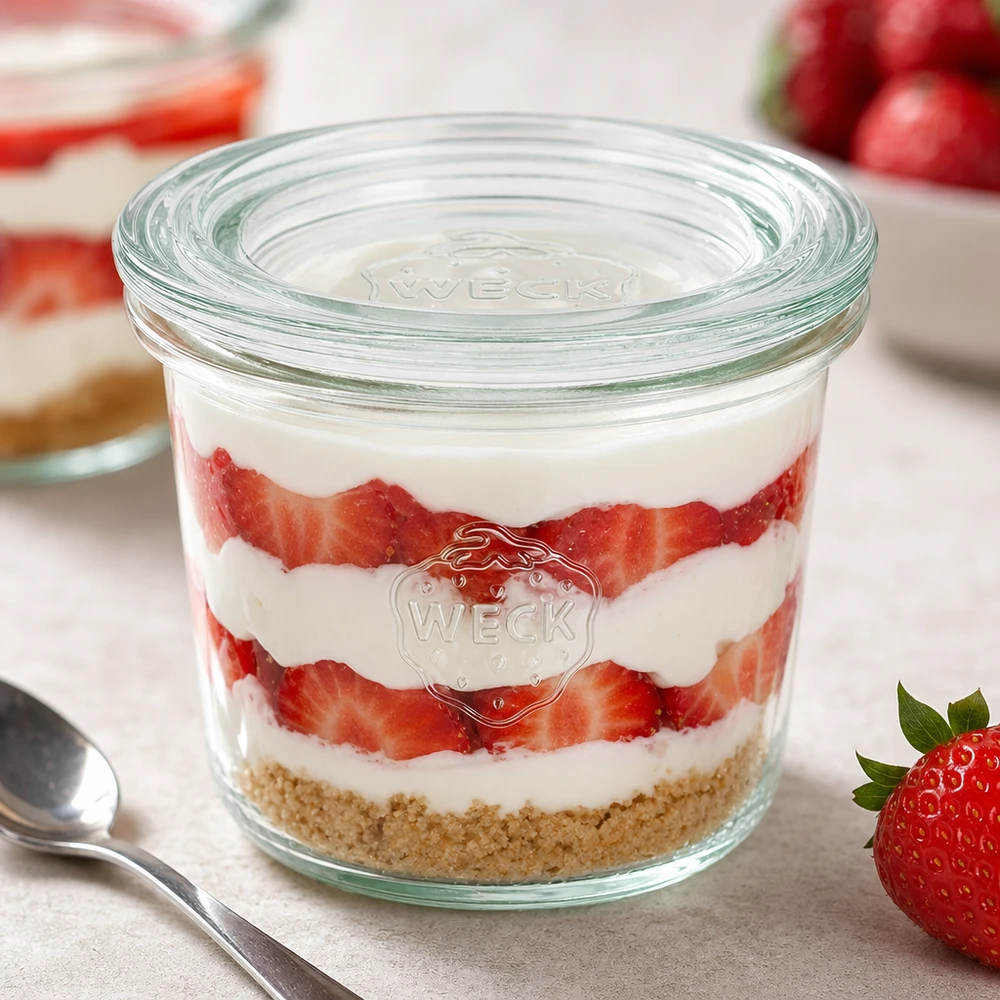 WECK tumblers 80ml RR60 gevuld met aardbeienroom dessert toont veelzijdig gebruik als dessert pot en portie pot