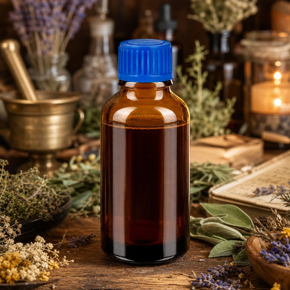 30ml amberkleurig glazen flesje met gestandaardiseerde blauwe dop voor farmaceutisch gebruik