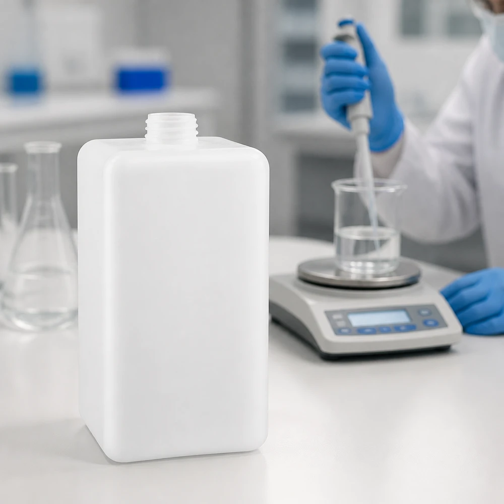 Chemicaliënfles 1500 ml, nauwe hals Stevige kunststof fles van 1500 ml, PE-HD, smalle hals, GL 32, voor nauwkeurige laboratoriumtoepassingen