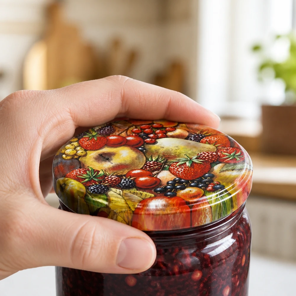 82 mm BasicSeal-deksel met fruitmotief (TO82) UNiTWIST UNiTWIST TO82 deksel met afbeelding van fruit, 82 mm, geschikt voor jam en ingeblikte producten