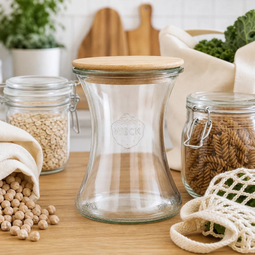 WECK delicatessenpot 370ml RR80 met houten deksel in zero-waste keuken met duurzame voorraadpotten en stoffen zakken