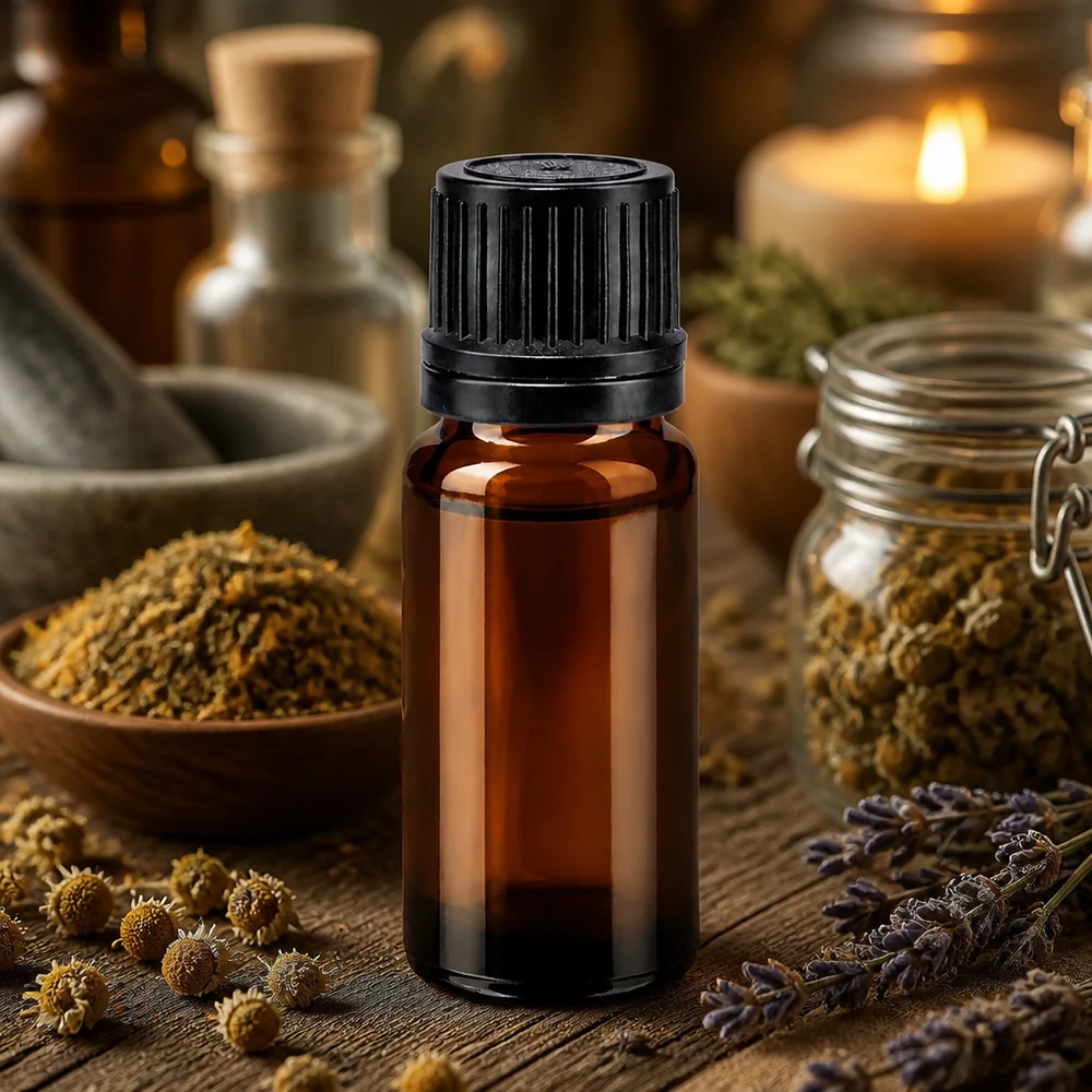 Compacte bruine fles van 10 ml van ApoGlas met zwarte kindveilige sluiting en kamille-decoratie