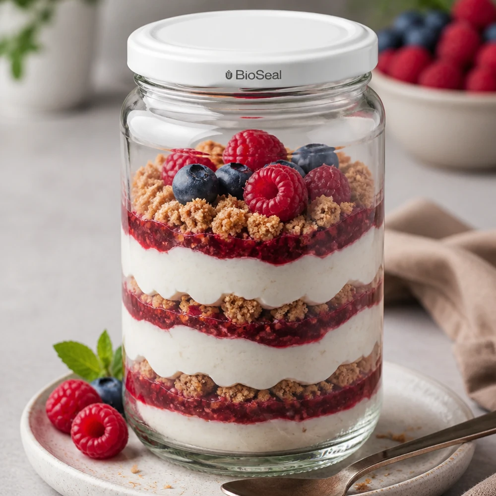 UNiTWIST Runda305 met BioSeal deksel als dessertglas - gelaagd dessert met bessen en yoghurt geserveerd in stijl