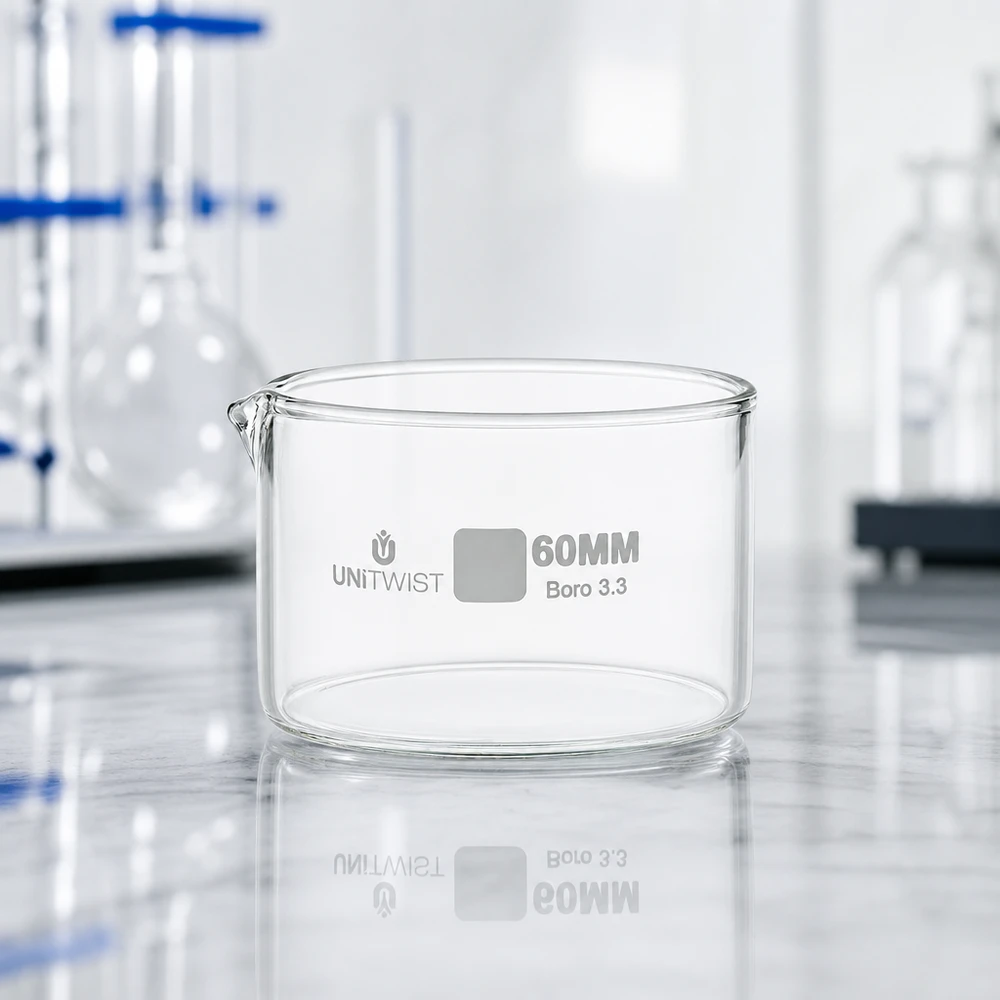 Kristalliseer schaal ø60mm borosilicaatglas UNiTWIST Cilindrische glazen schaal met een diameter van 60 mm, UNiTWIST, met gegraveerde opschriften – zijaanzicht