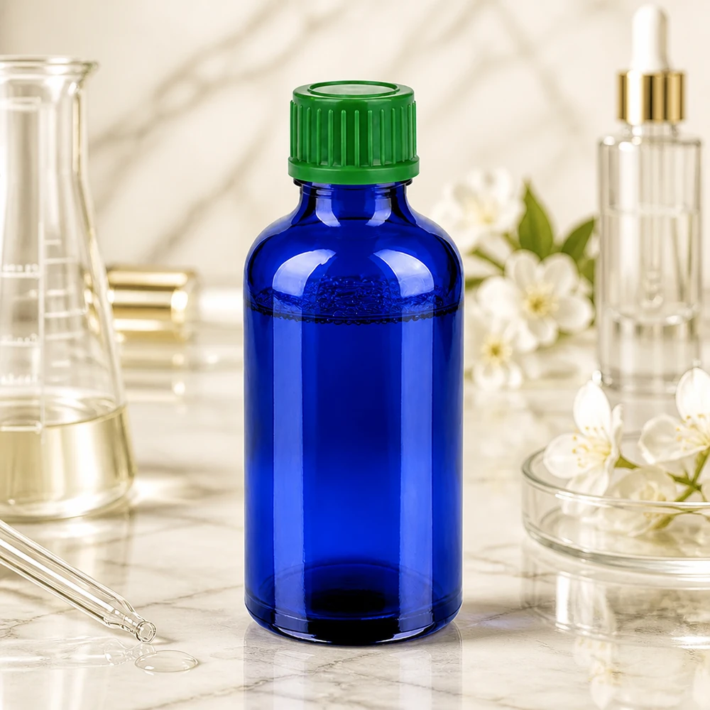 Compacte 50ml Blue Line glazen fles met ergonomische groene dop voor dagelijks gebruik