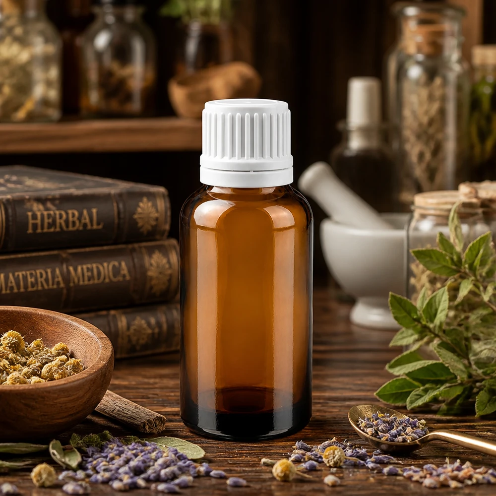 30ml amberkleurig glazen flesje met witte dop perfect voor aromatherapie en natuurlijke wellness