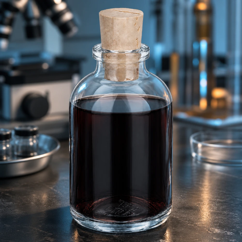 Injectiefles helder glas 50ml met kurk 11/14mm Borosilikatglasflasche 50ml mit Korkstopfen im professionellen Laborumfeld mit Mikroskop