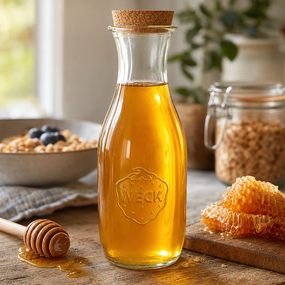WECK sapfles 1062ml gevuld met gouden honing, natuurkurk en honingraathoning in een gezellig keukentafereel