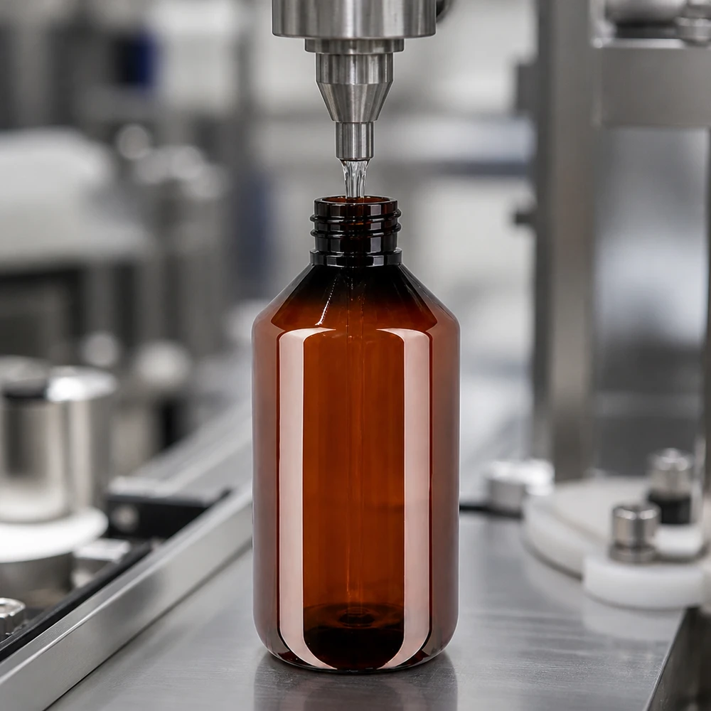 PET fles 500ml met ontgassingsdop rood Bruine PET-fles met brede hals van 500 ml op een roestvrijstalen transportband in de farmaceutische productie