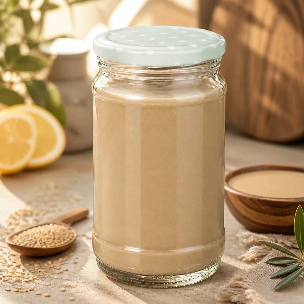 Tahini in een UNiTWIST-rondglas van 370 ml met een mintgroene deksel met stippen (BasicSeal), naast sesam en citroen