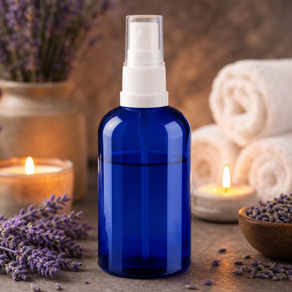 100ml sprayflacon wit/tr. STD BlueLine UT18/100 Blauwe glazen sprayflacon van 100 ml met witte pompverstuiver voor aromatherapie en wellness