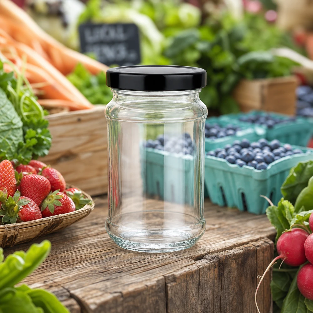 390ml ronde pot met zwart BasicSeal deksel op houten tafel tussen vers fruit en groenten van de markt