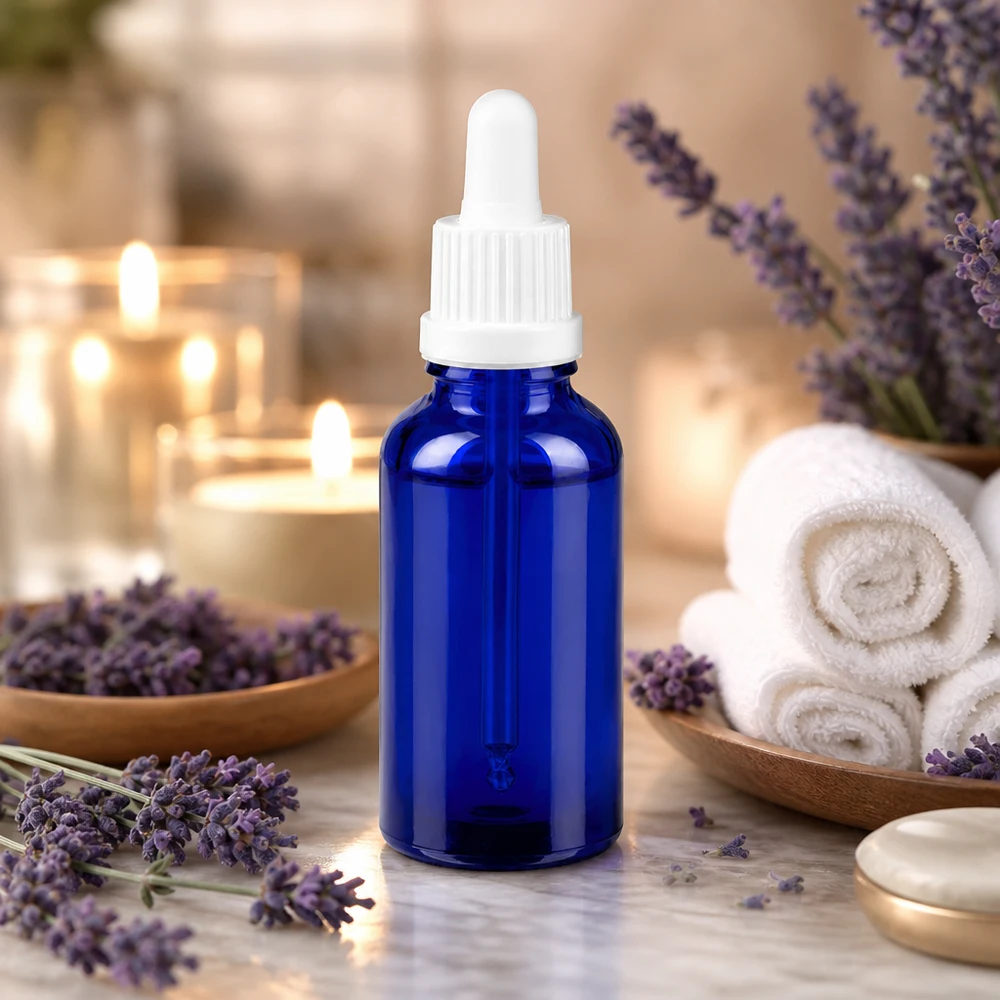 30ml druppelflacon van blauw glas met ergonomische witte dop BlueLine UT18