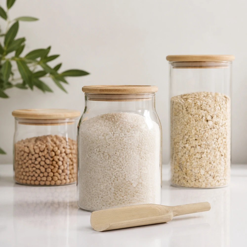 Houten schep L 18cm plat naast voorraadpotten met rijstgranen en peulvruchten Zero Waste keukenaccessoires