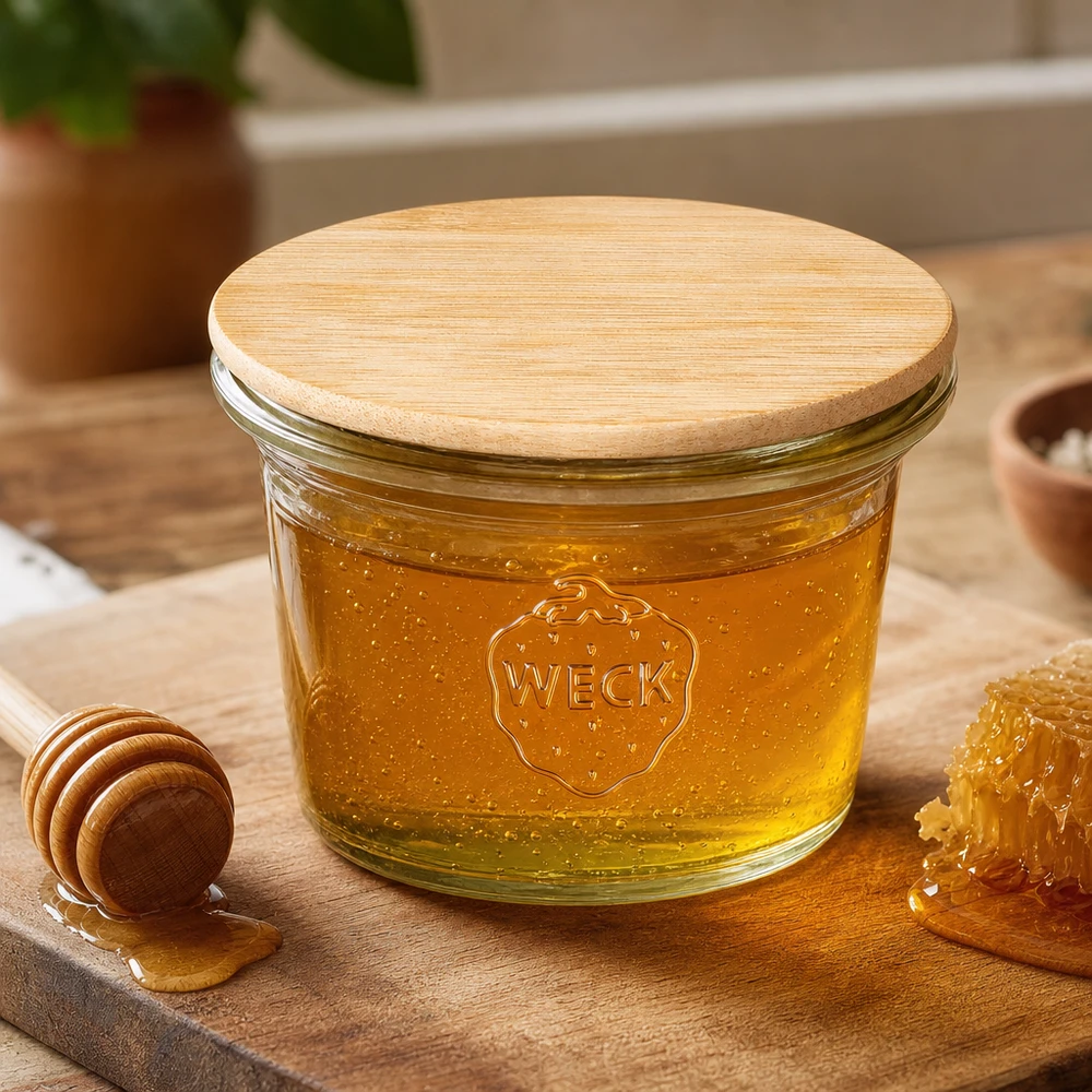 WECK-mini stortglas 35ml met hout deksel WECK RR40 35ml mason jar met bamboe houten deksel gevuld met honing naast honinglepel en honingraat op een houten basis