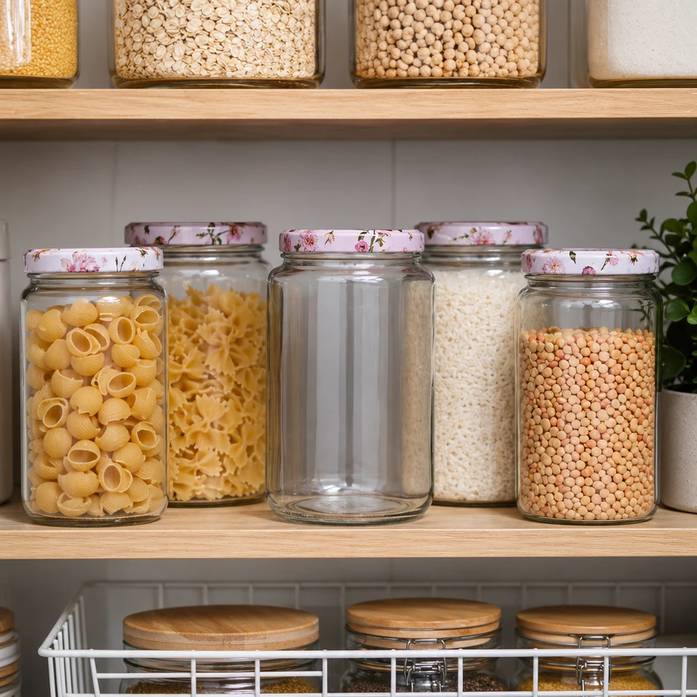 795ml ronde pot BasicSeal deksel roze bloemen in georganiseerde voorraadkast met pasta rijst linzen opslag keuken