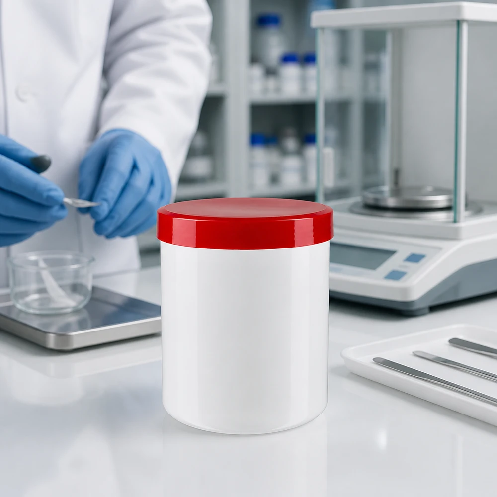 Zalfpot 30 g wit met rood schroefdeksel (PP) Hersluitbare zalfpot van 30 g, wit kunststof met rode deksel op een laboratoriumwerkplek